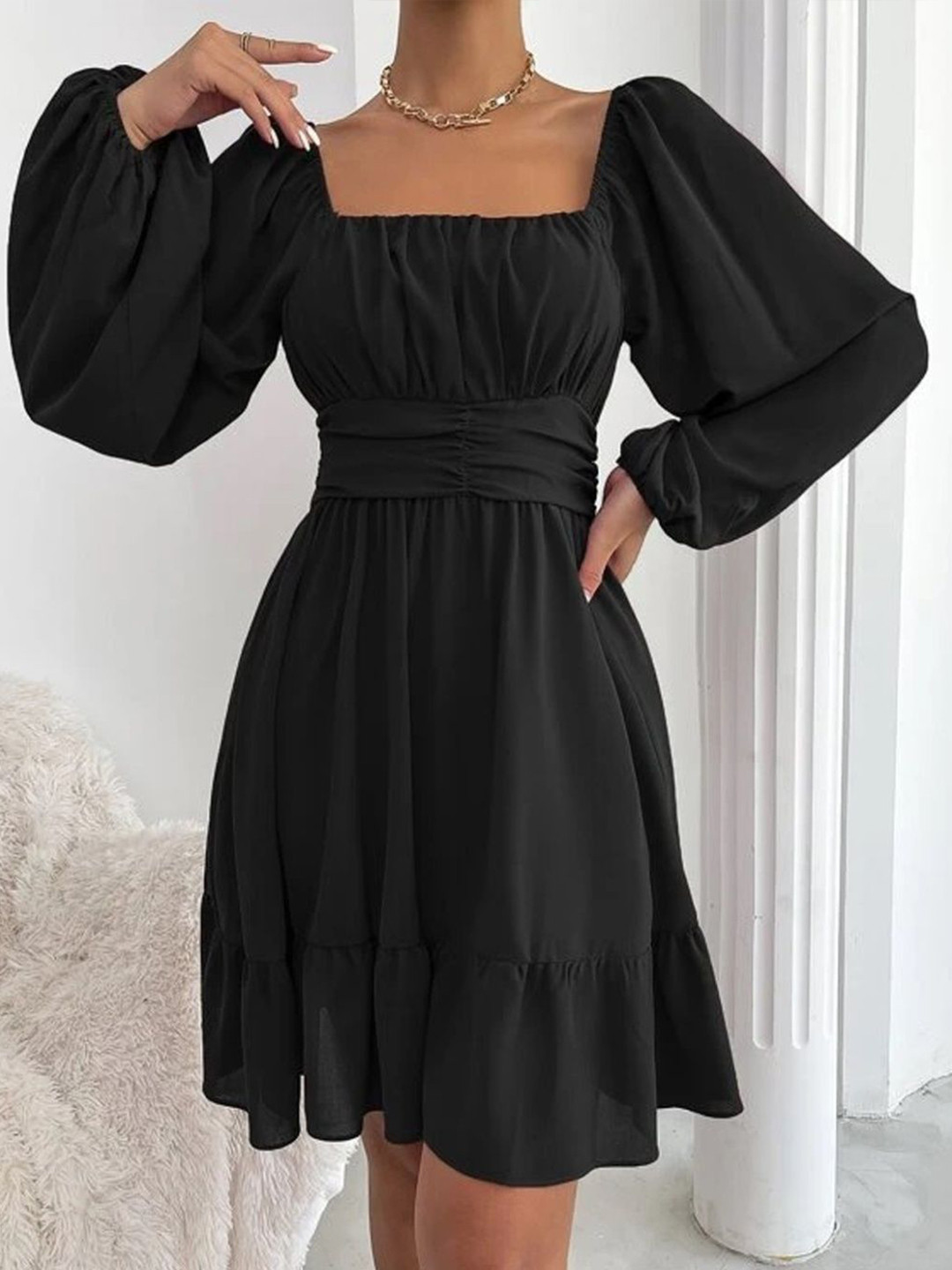 i9solution Women Puff Sleeve Square Neck Tie-Ups Detail Fit & Flare Dress
