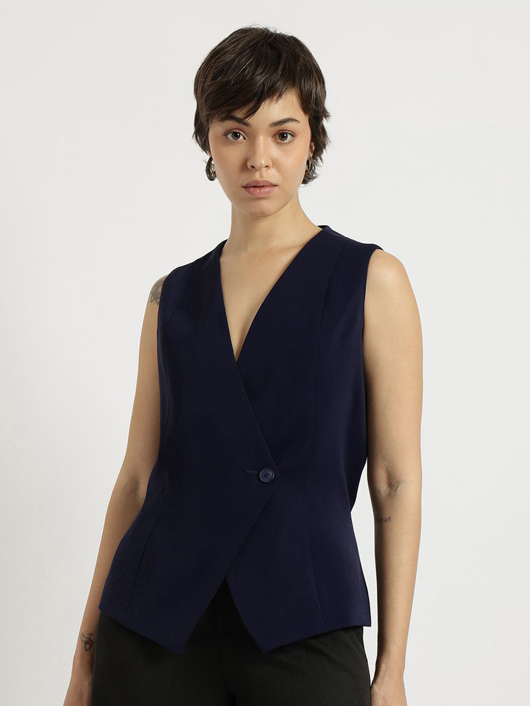 FableStreet Women Overlap Waistcoat Navy Blue