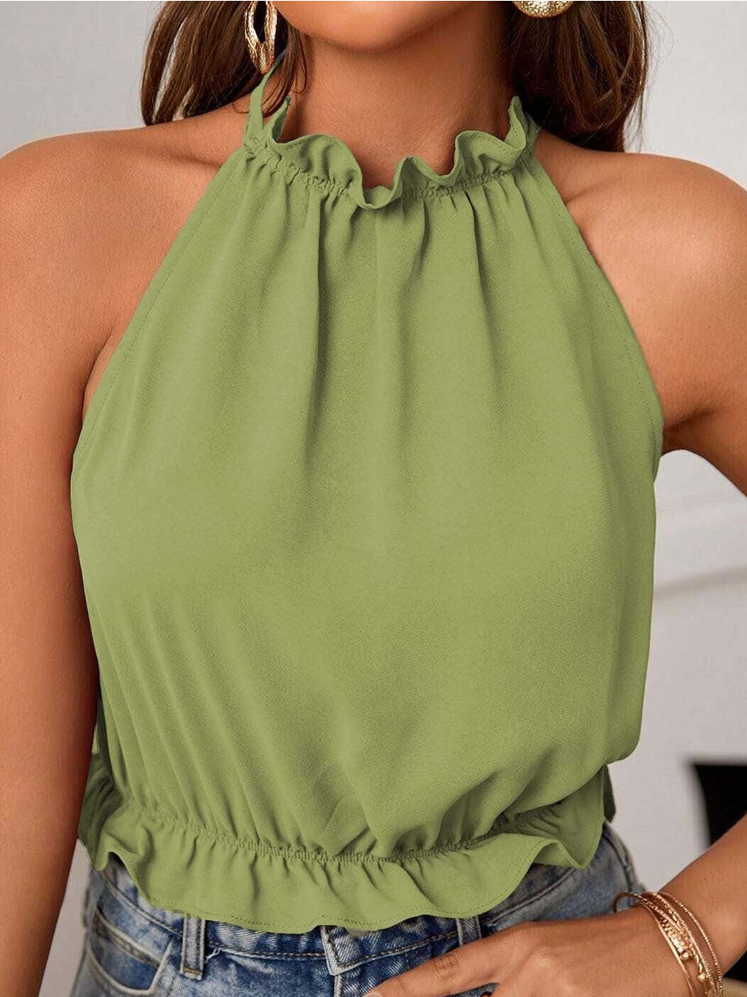 Outzidr Women Halter Neck Ruffles Sleeveless Blouson Regular Top
