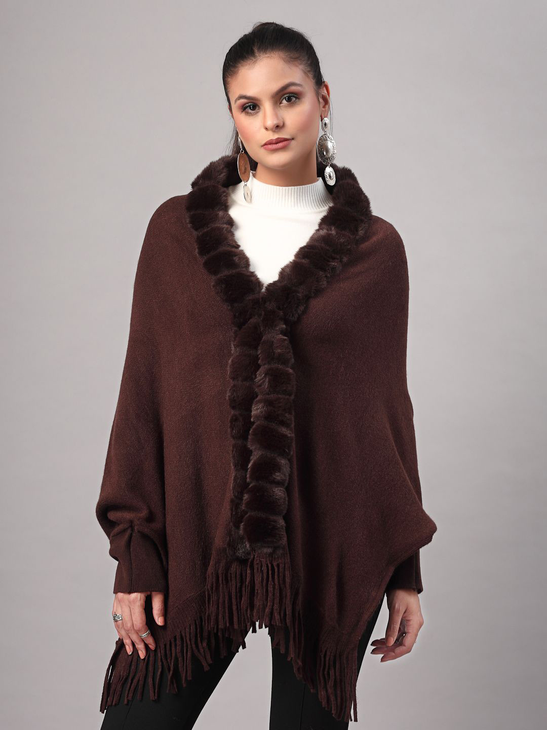 Mafadeny Women's V-Neck with Faux Fur Border and Fringe Hem Poncho