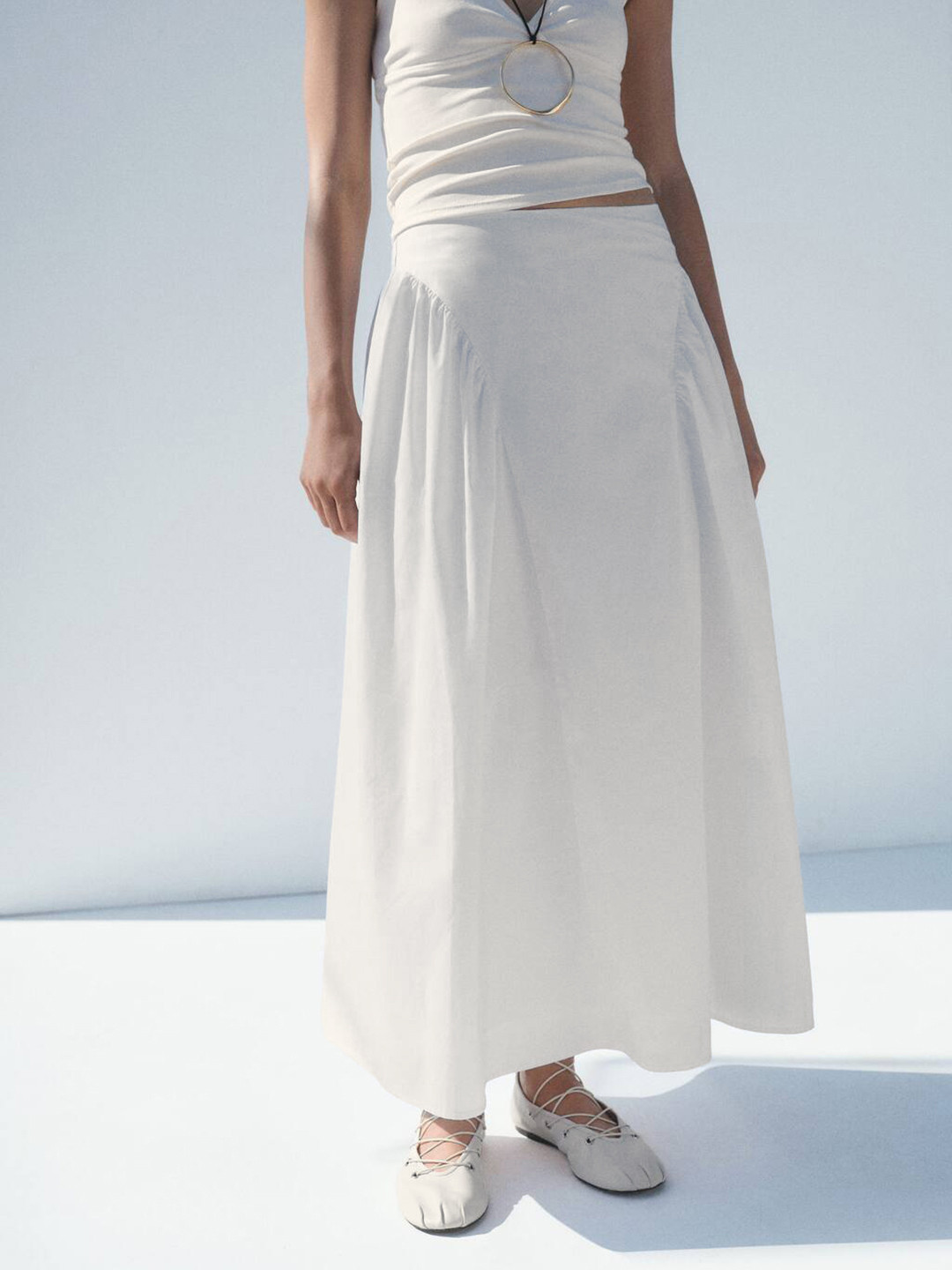 MANGO Gathered Detail High-Rise Pure Cotton Maxi Flared Skirt