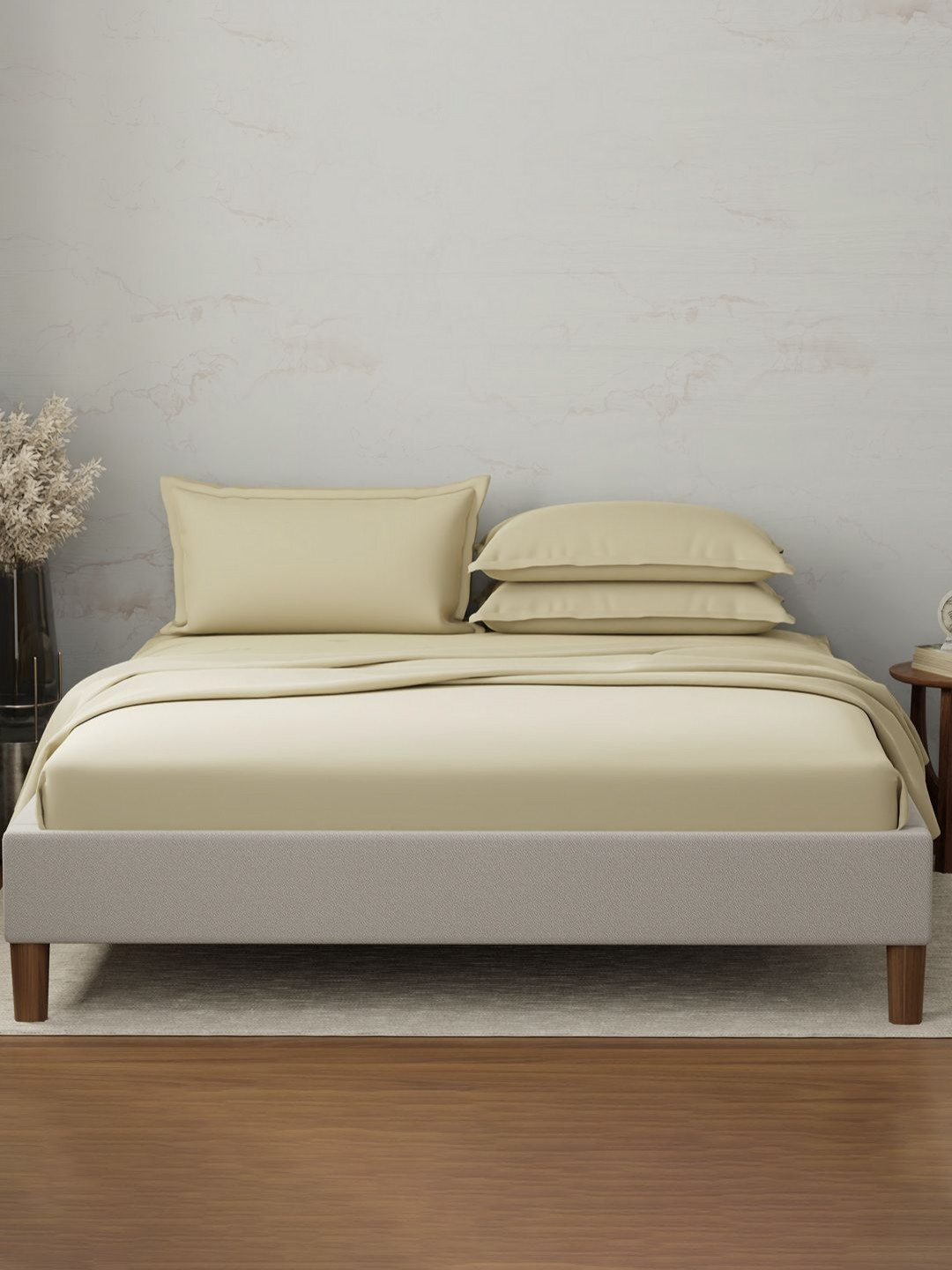 Boutique Living India Emblem Beige Pure Cotton 300 TC King Bedsheet Set - 2.74 m x 2.74 m