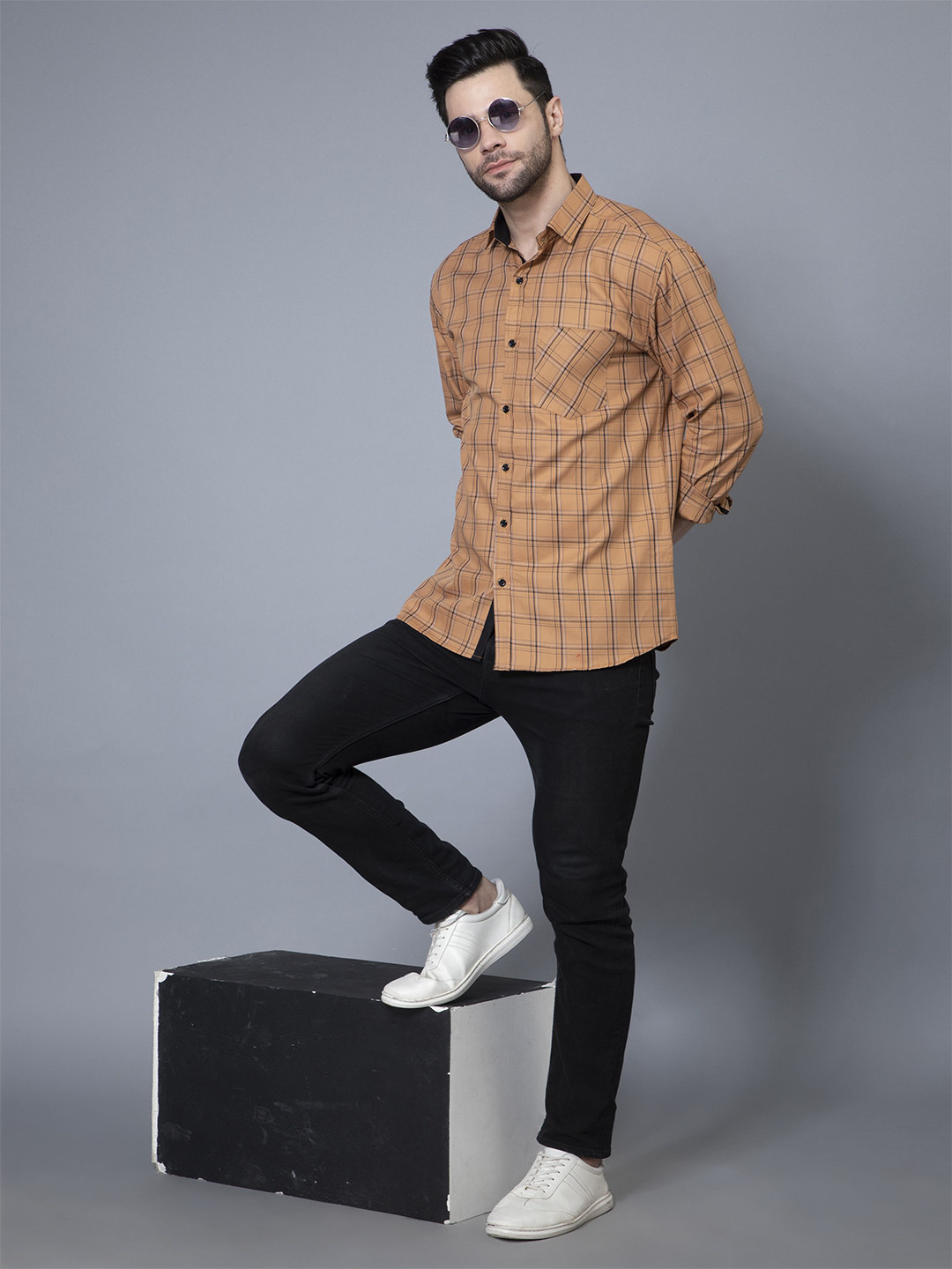 VEYTRO Spread Collar Tartan Checks Pure Cotton Opaque Shirt