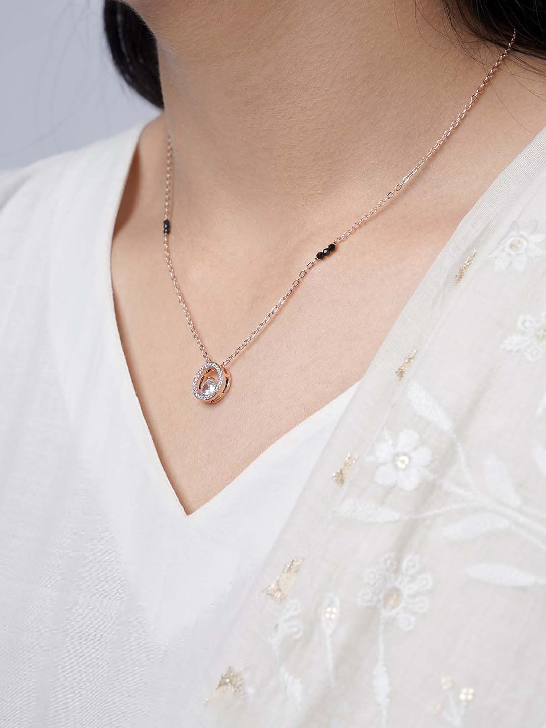 SWASHAA Gemma Rose Gold-Plated Stainless Steel Stone Studded & Beaded Mangalsutra