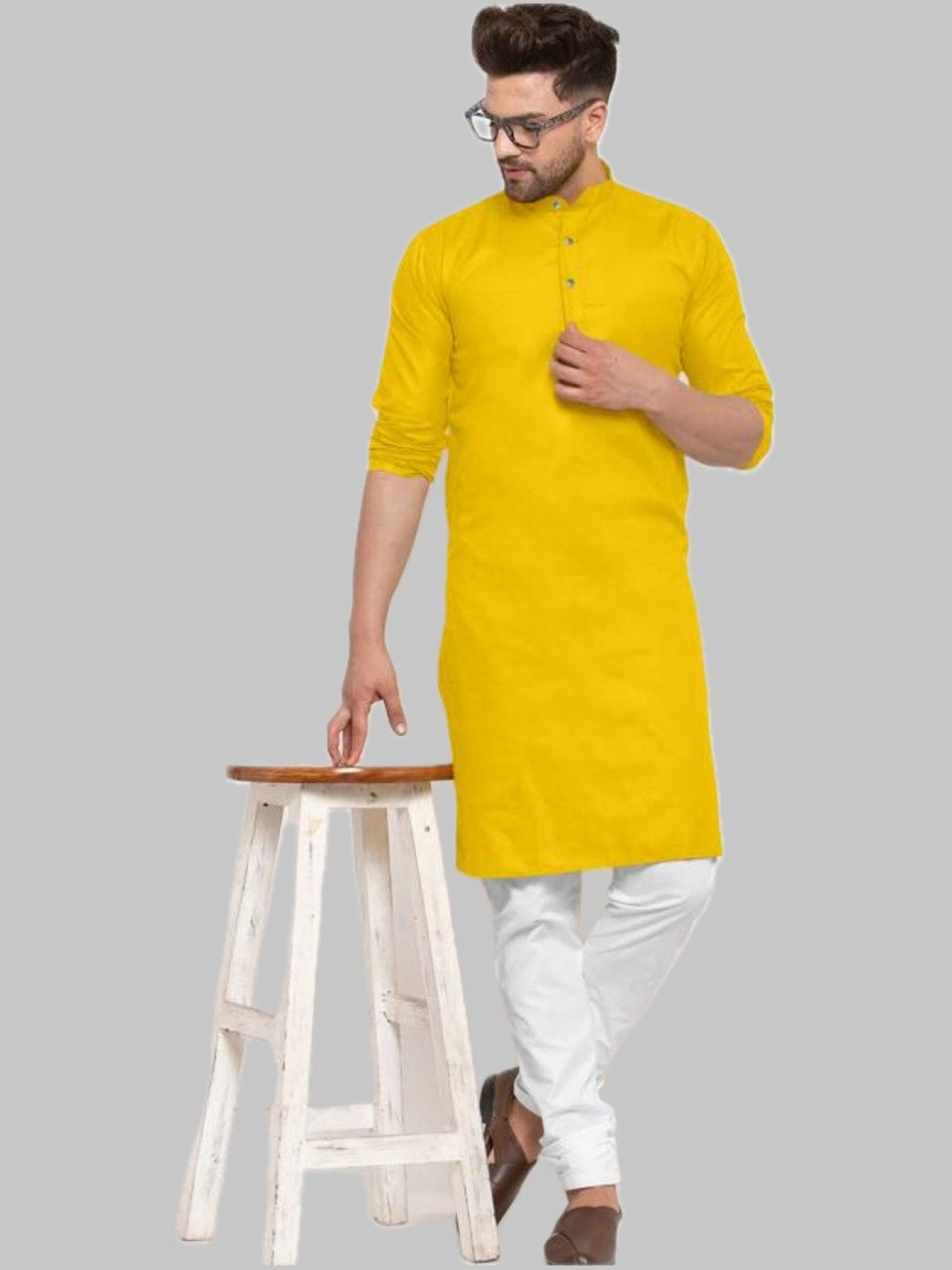 ANUJ FASHION Men Yellow Solid Mandarin Collar Long Sleeves Ethnic Kurtas