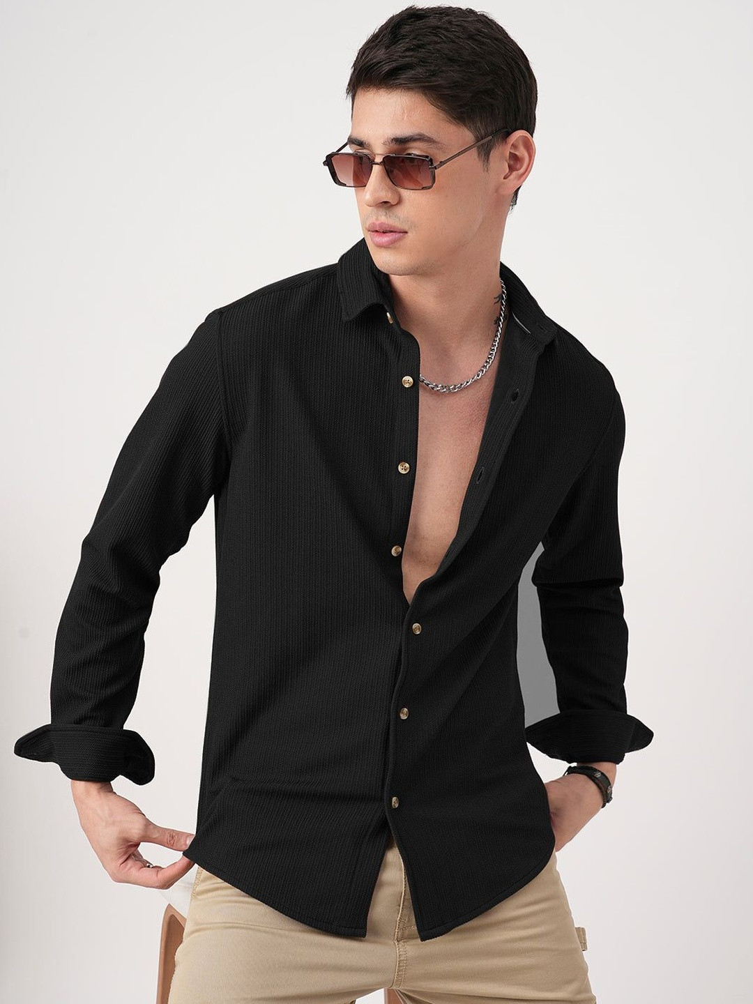 Moda Rapido Men Black Polyester Regular Fit Casual Shirt