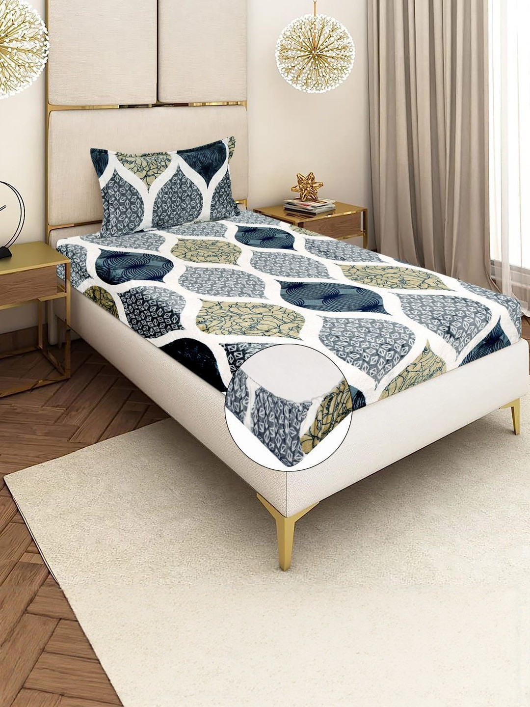 REALDREAM Multicoloured Geometric Fitted 300 TC Single Velvet Bedsheet with 1 Pillow Cover