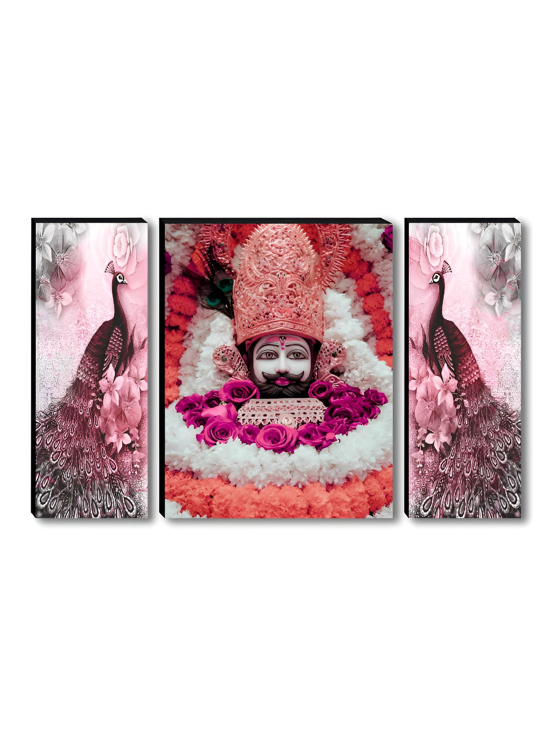 SAF Set Of 3 Pink & White Khatu Shyam Ji Printed Wooden Wall Art