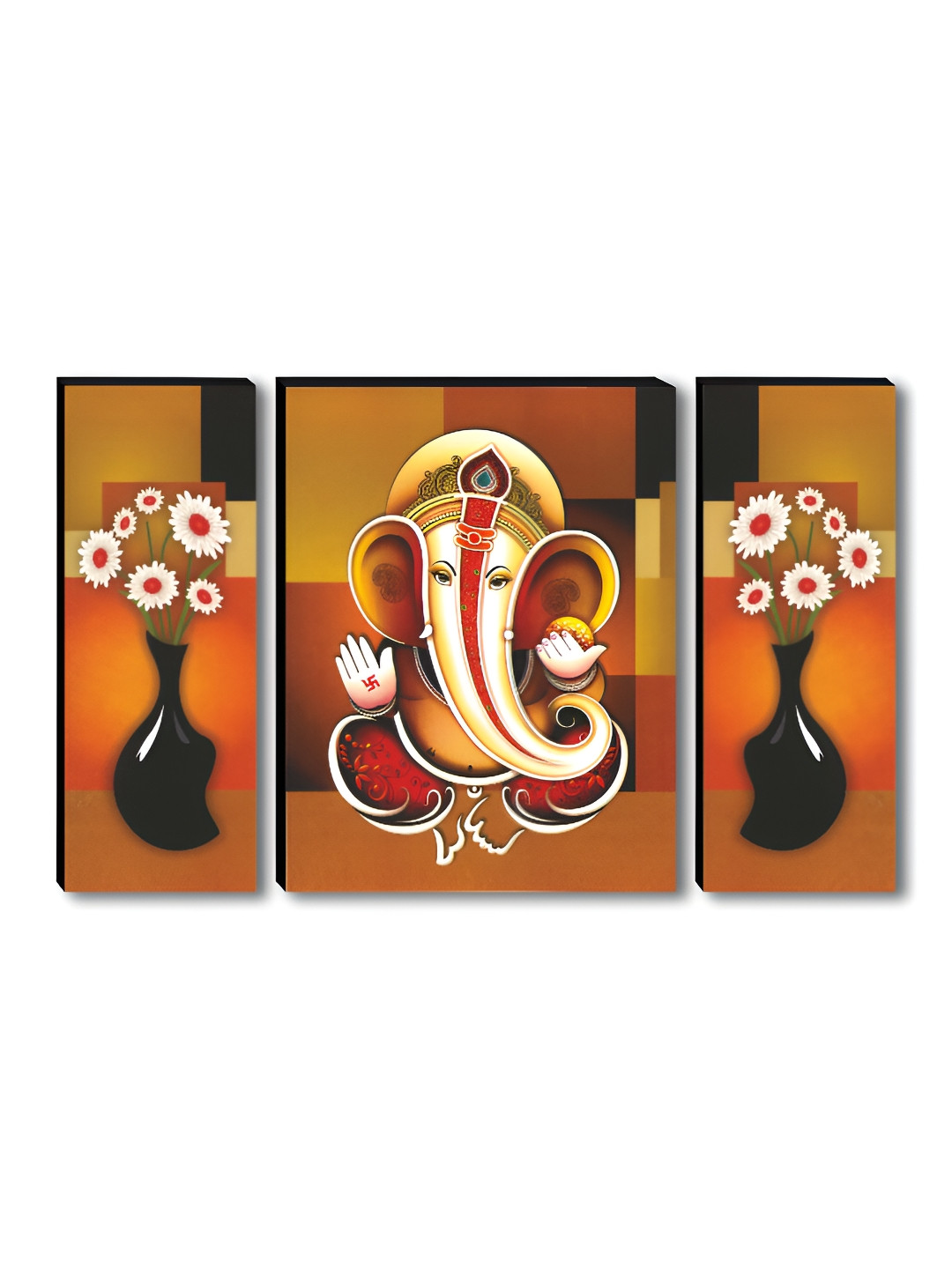 SAF 3 Pieces Orange & Yellow Lord Ganesha With Floral Vase Religious Wooden Wall Art