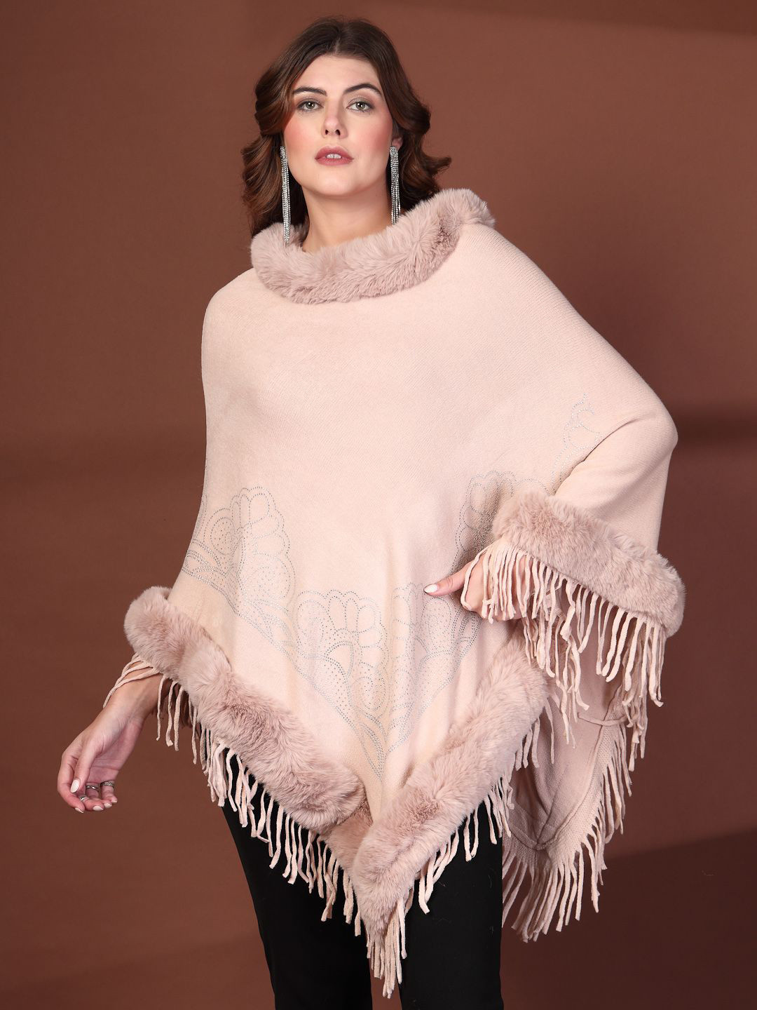 Mafadeny Faux Fur Trim Round Neck Collar Poncho with Fringes