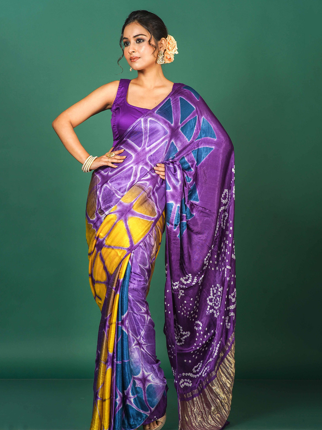 Aparna Rajkumari Collection Women Amethyst Heritage Printed Modal Gaji Silk Bandhani Saree