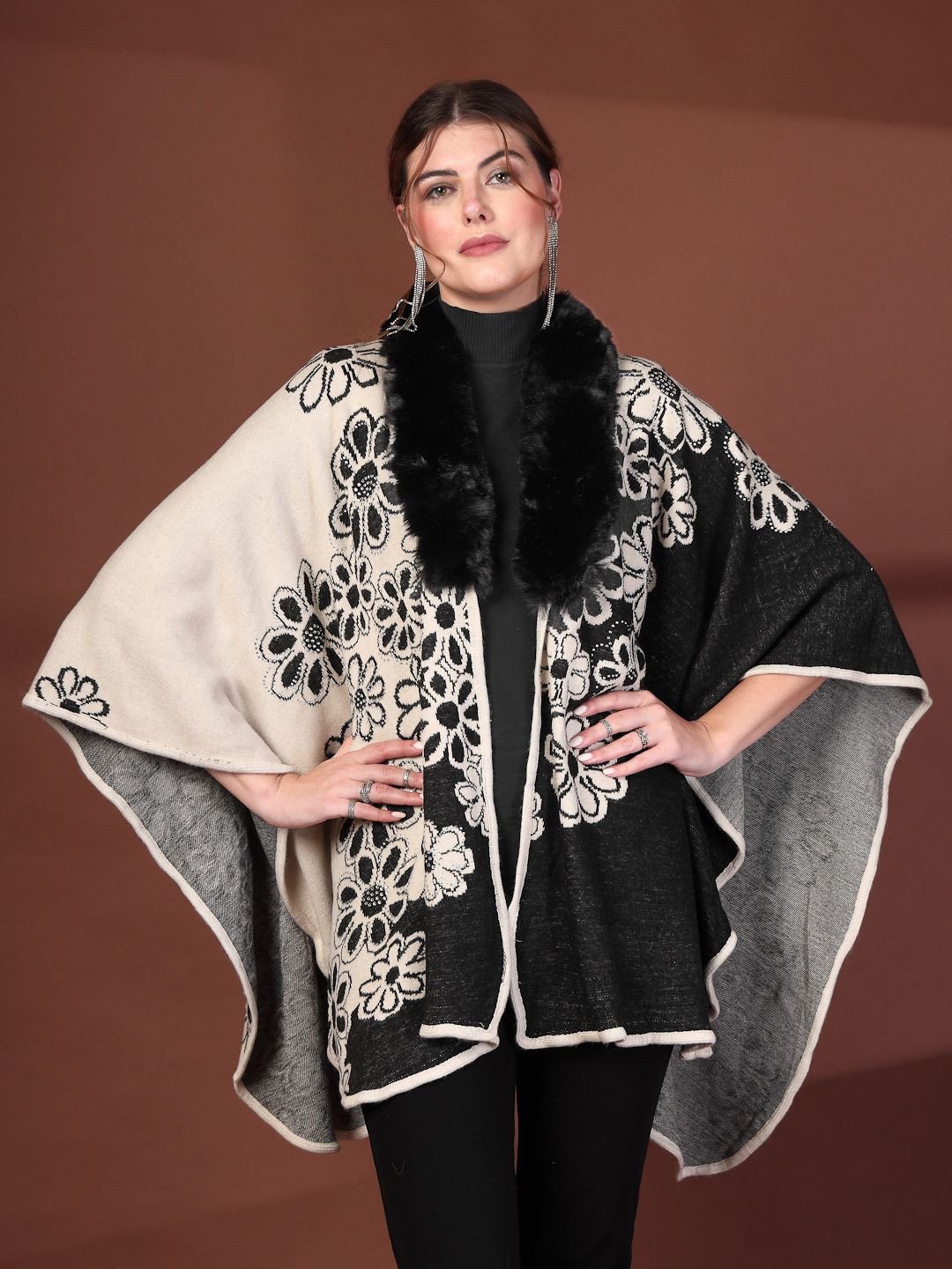 Mafadeny Stole Collar Floral Embroidered Faux Fur Trim Poncho