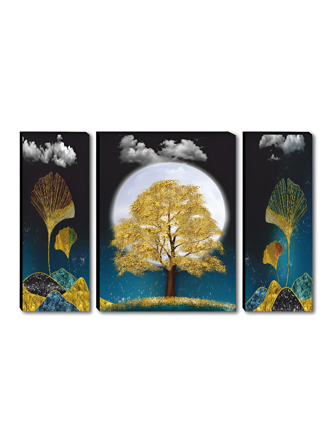 SAF Set Of 3 Green & Gold-Toned Tree & Moonlight Printed Wooden Wall Art