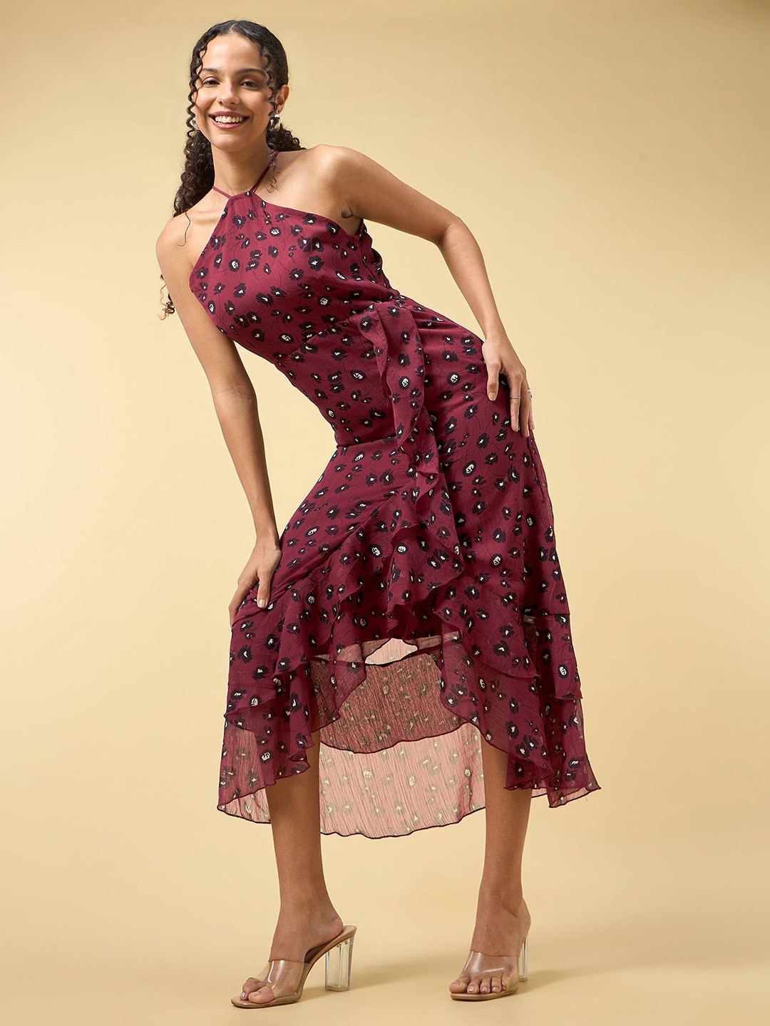 Outzidr Women Floral Printed Halter Neck Ruffles Georgette Fit and Flare Maxi Dress