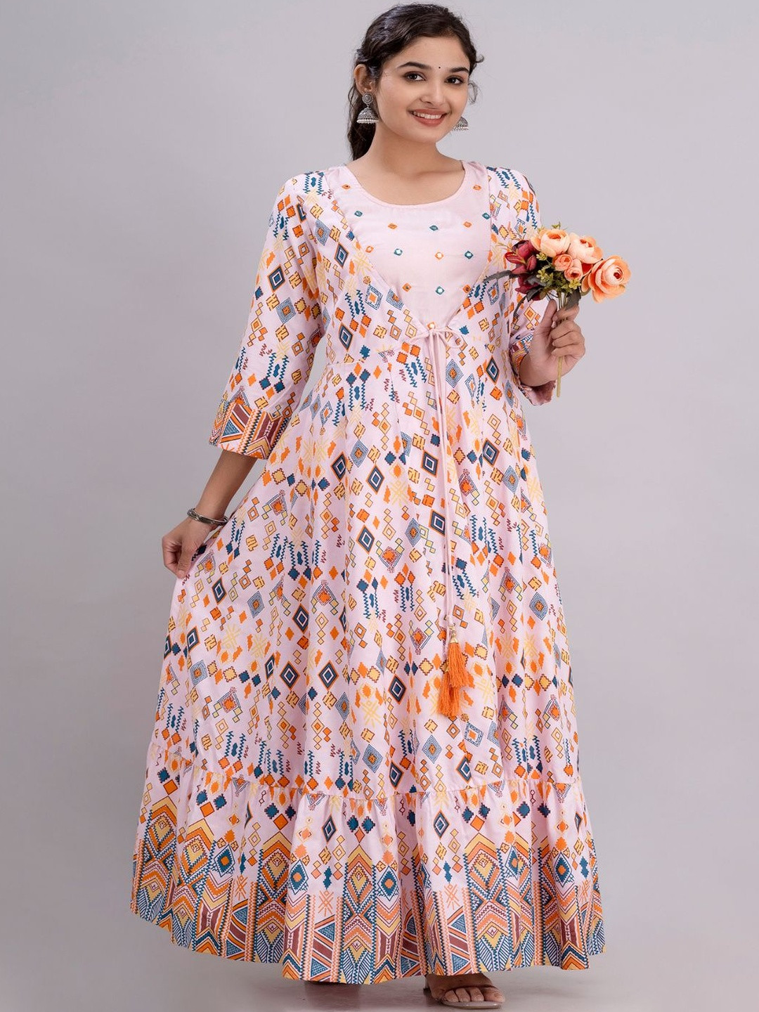 HERE&NOW Women Embroidered Ethnic Motifs Printed Front Slit Anarkali Gown Dress