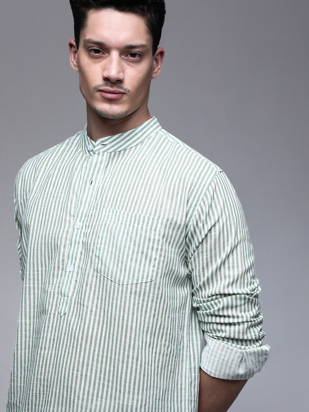 Paper Cut Oversized Striped Mandarin Collar Casual Shirt