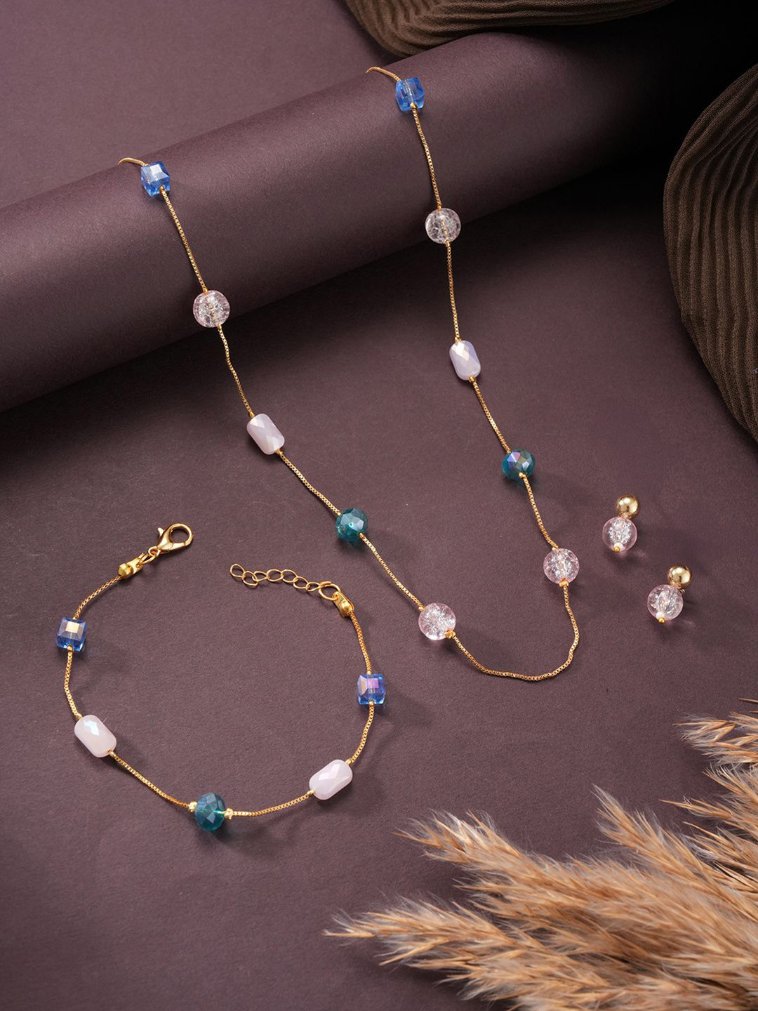 Aadvik Designs Gold-Plated Artificial Beaded Necklace And Earrings With Bracelet