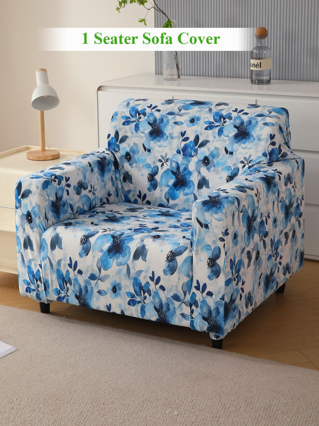 HOKIPO Azure Botanical Blue & Grey Printed Velvet Sofa Cover With Arms
