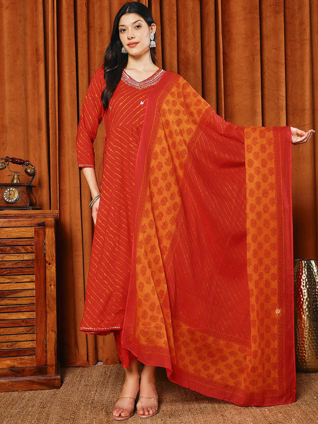 Meena Bazaar Striped V-Neck A-Line Kurta With Trousers & Dupatta