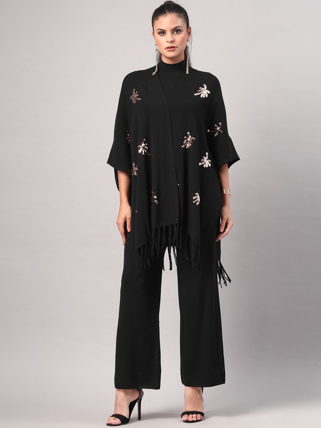 Mafadeny Embroidered High Neck Top & Trousers With Poncho