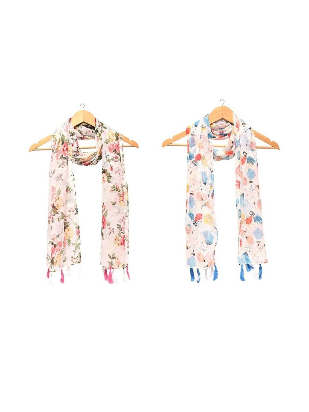 StoleVilla Pack Of 2 Floral Printed Tasseled Border Stoles
