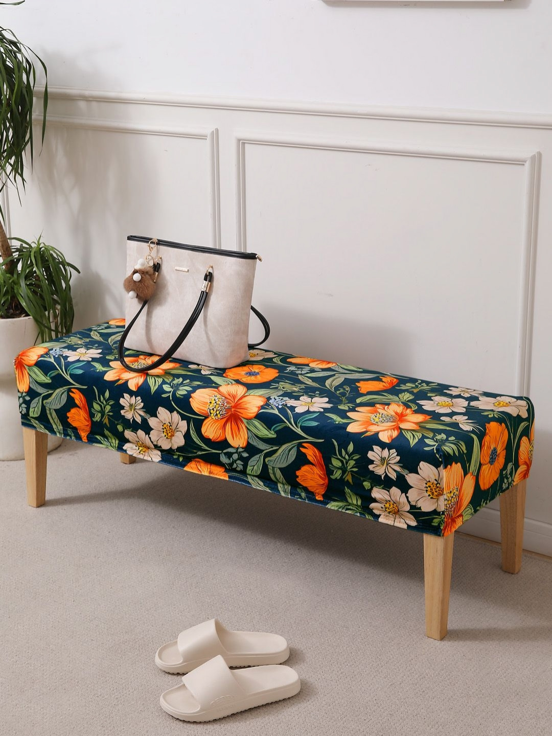 HOKIPO Teal Blue & Green Printed Velvet Stretchable Dining Bench Slipcover