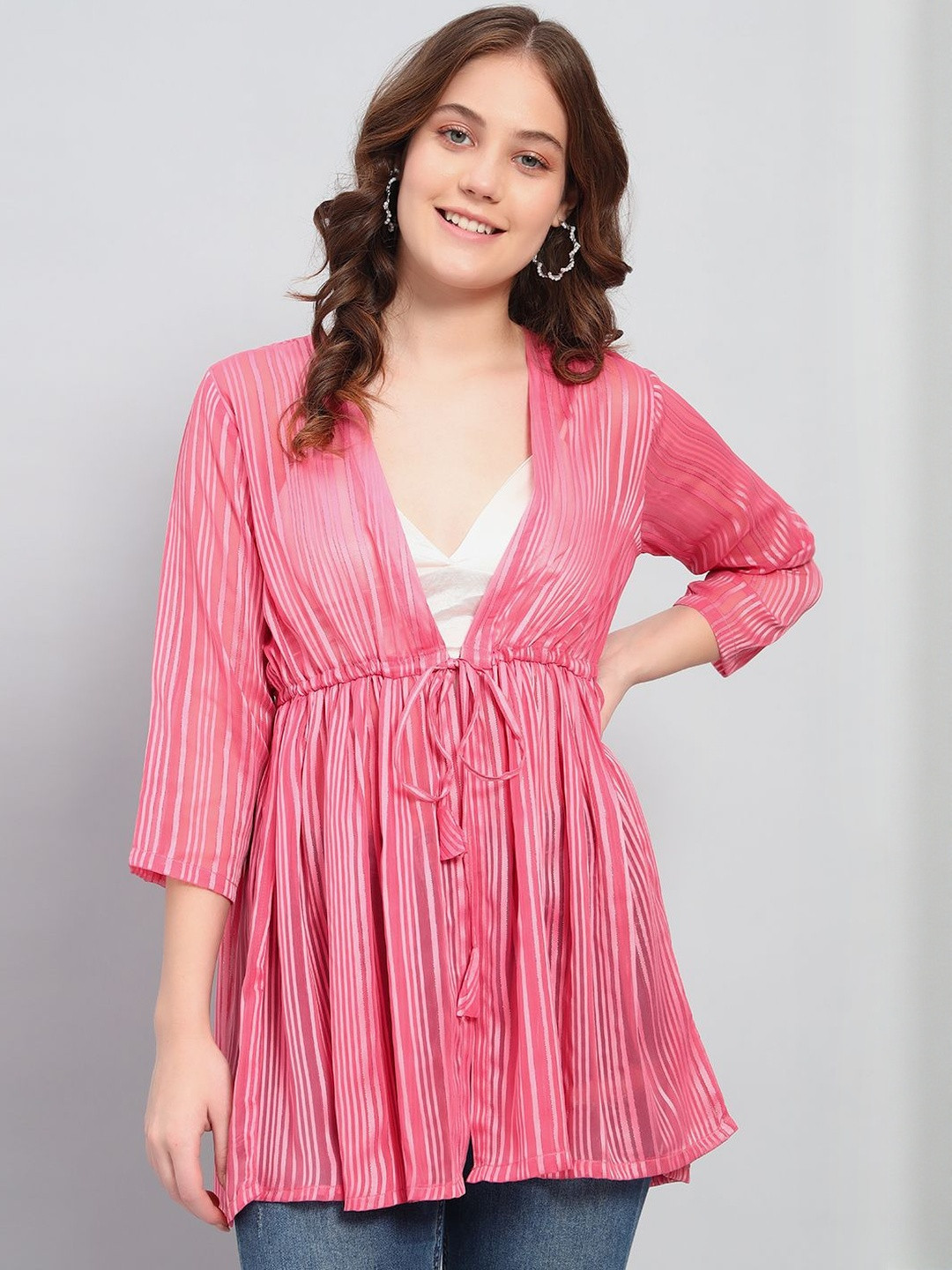 DressBerry Women Pink Striped Longline Tie-Up Shrug