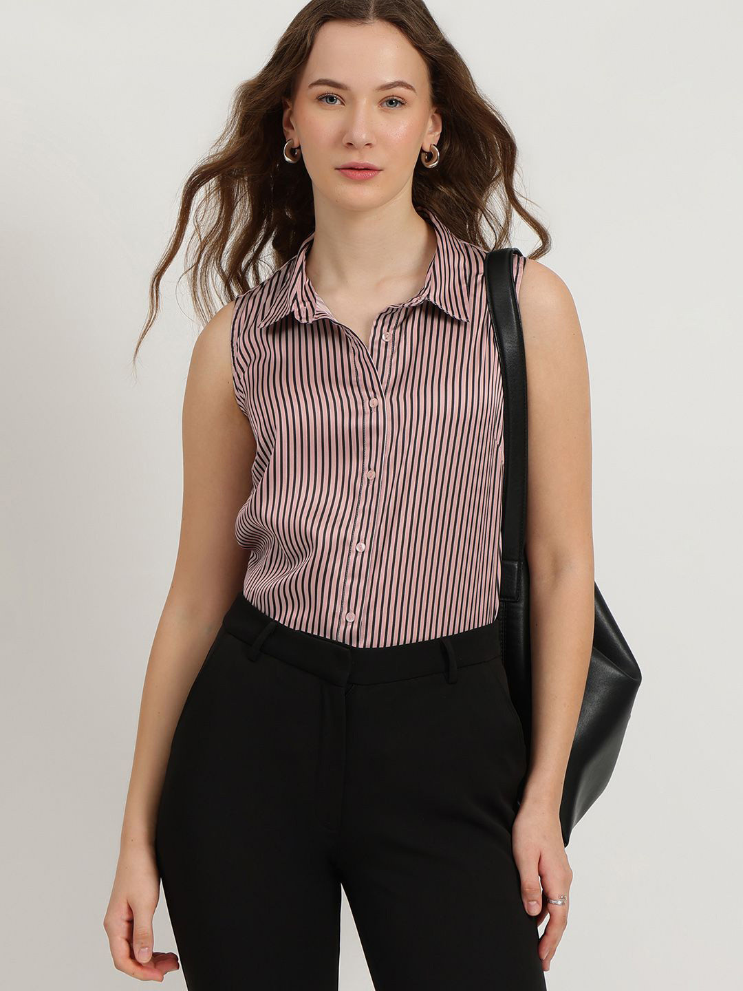 FableStreet Women Dusty Pink Satin Striped Top