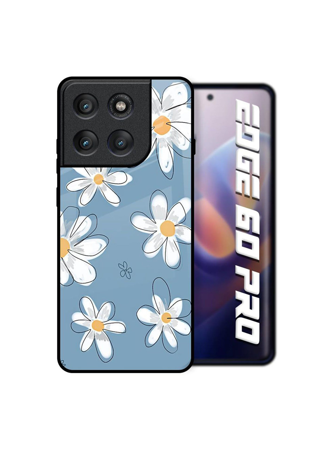 QRIOH Blue Petal Floral Printed Glass Back Case for Motorola Edge 60 Pro
