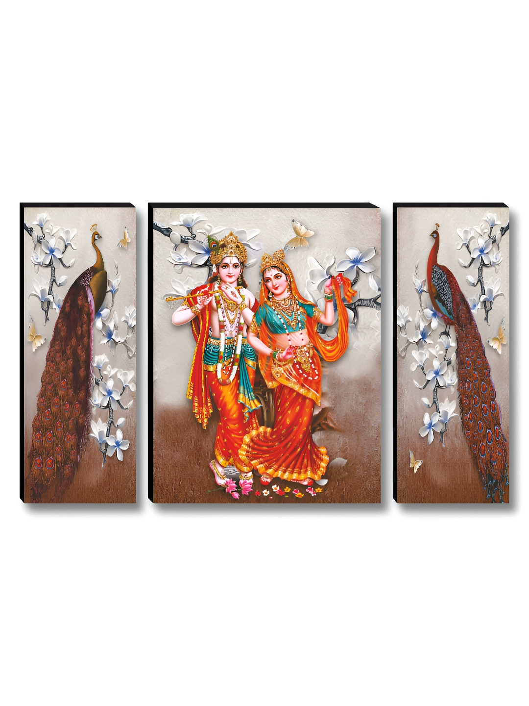 SAF 3 Pieces Orange Divine Radha Krishna With Floral Peacocks Wooden Wall Art