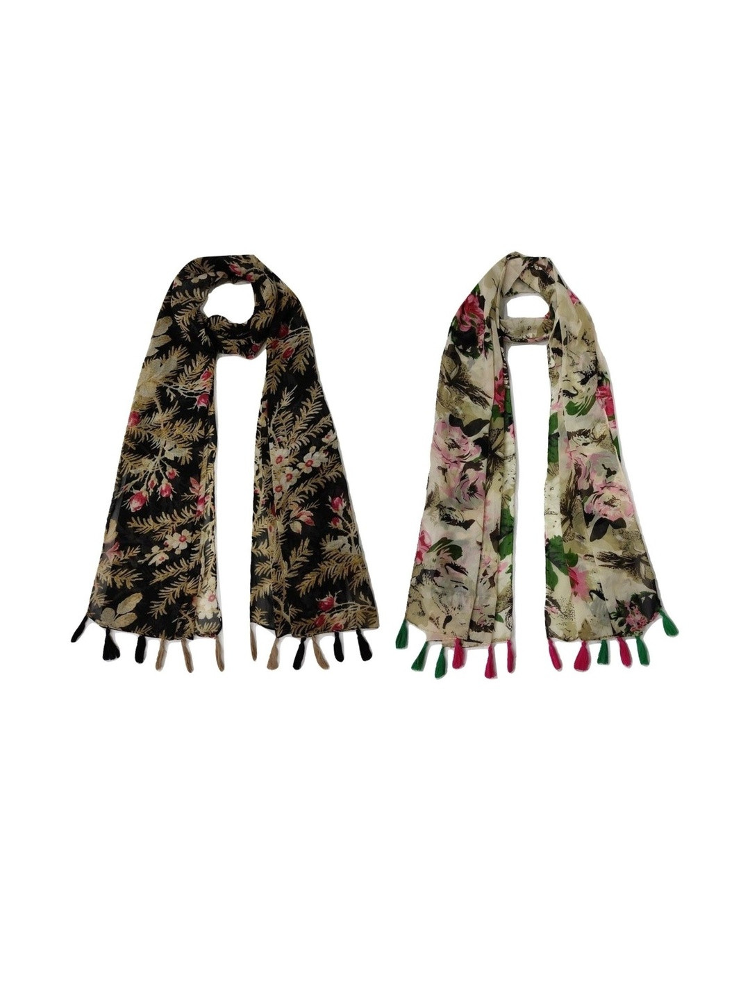 StoleVilla Pack Of 2 Floral Printed Tasseled Border Stoles