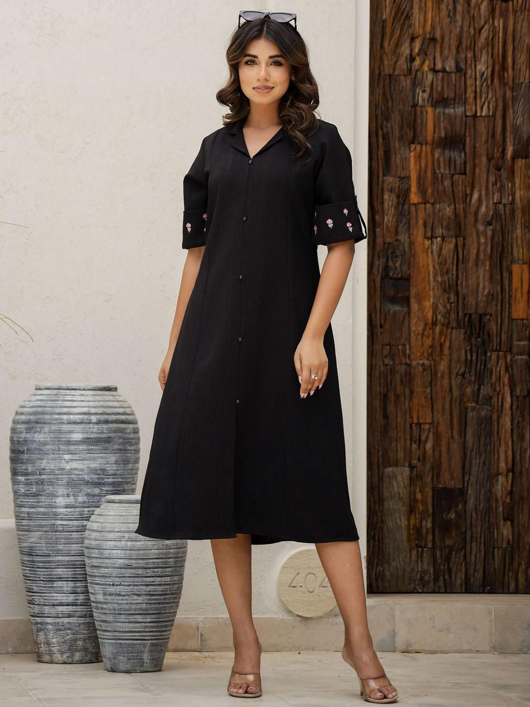 Mamicha Noir  Women Floral Embroidered Shirt Midi Dress