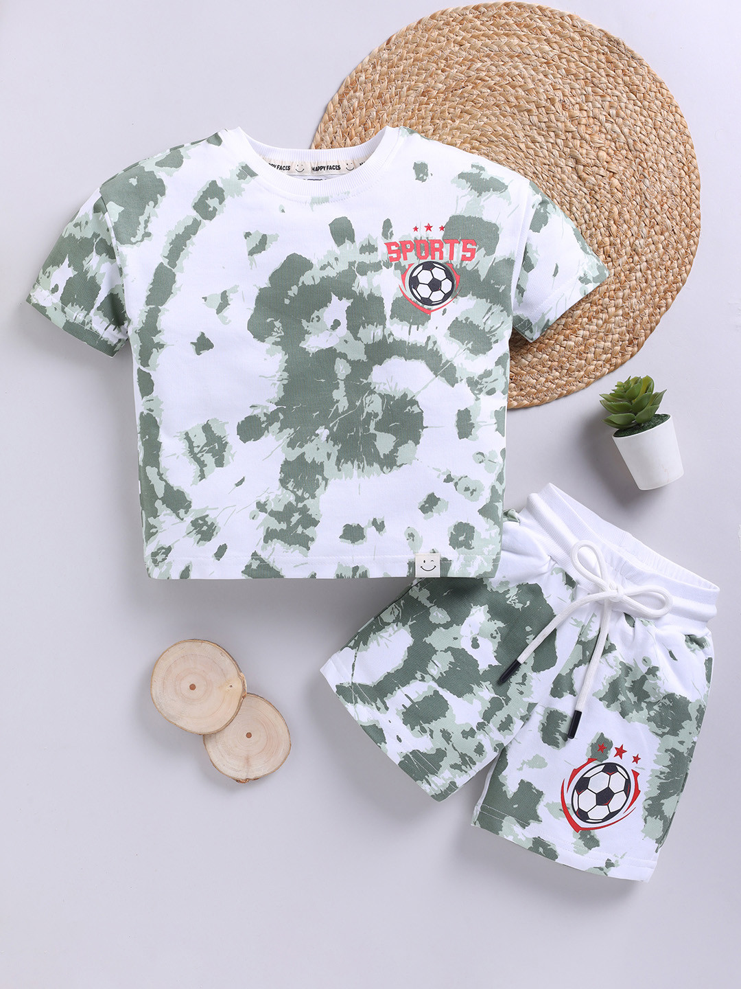 Happy Faces Boys Tie and Dye Printed Pure Cotton T-shirt with Shorts