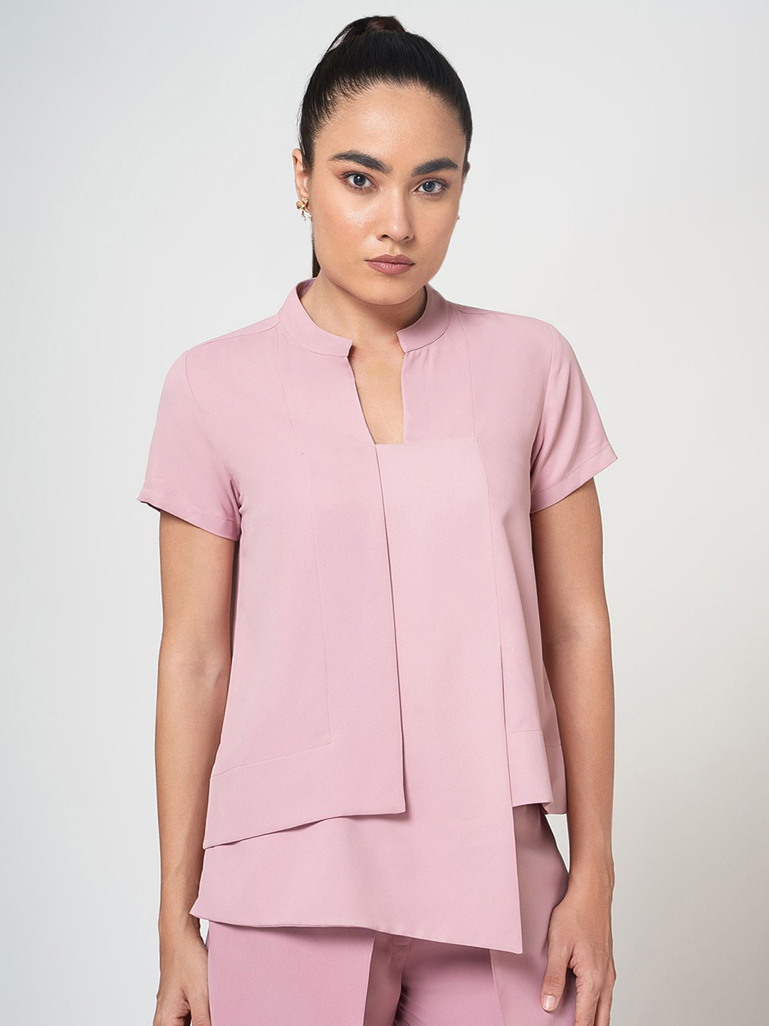 OFFICE & YOU Women Mandarin Collar Assymetrical Boxy Top