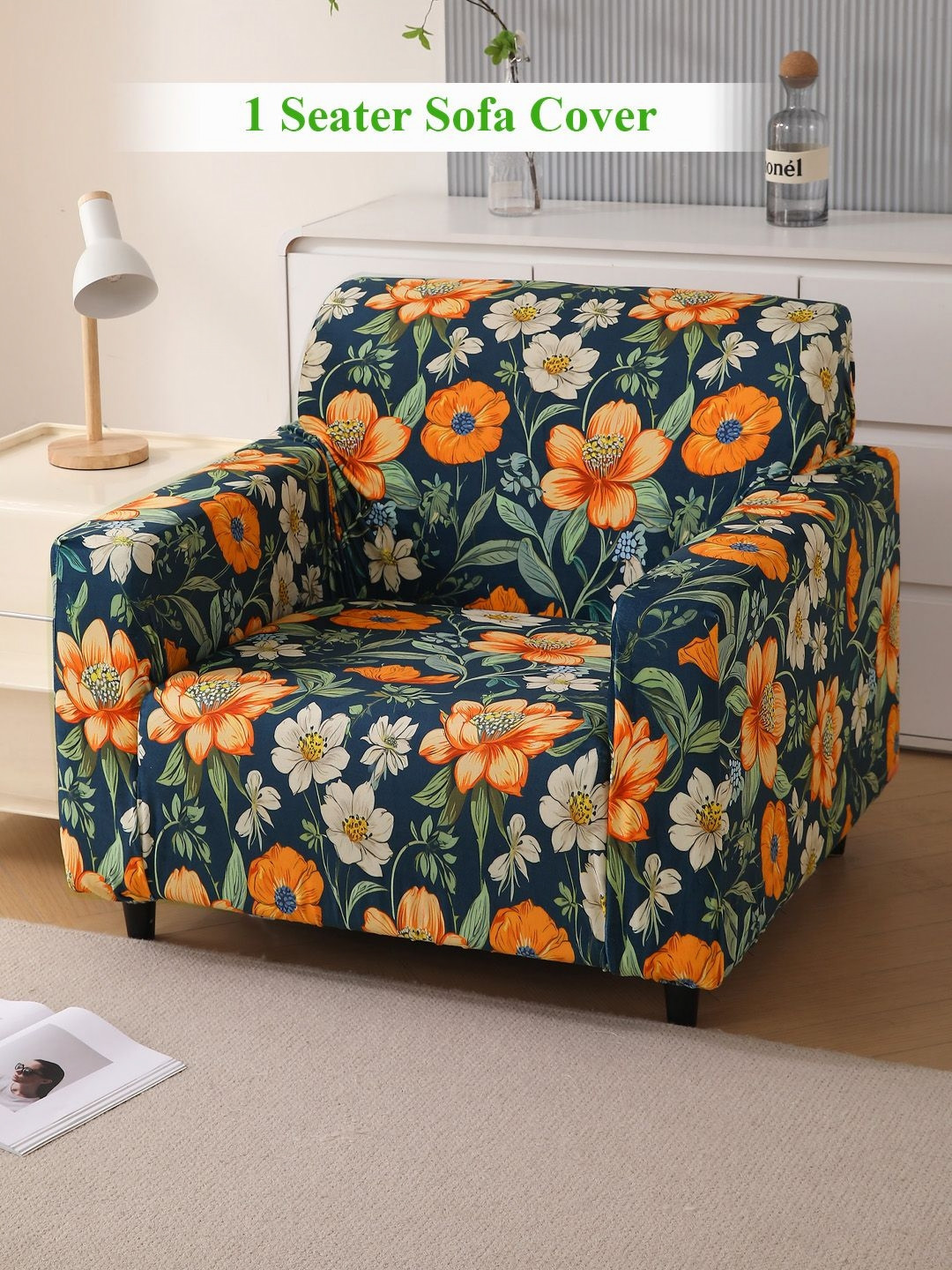 HOKIPO Twilight Garden Teal & Orange Colored Printed Velvet 1 Seater Sofa Cover With Arms
