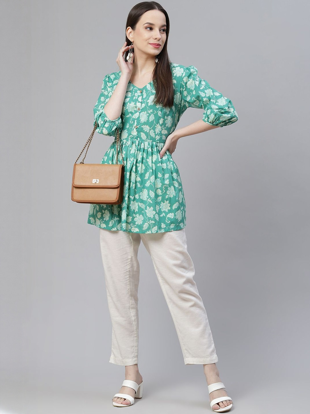 KALINI Women Sea Green Floral Printed Peplum Cotton Top
