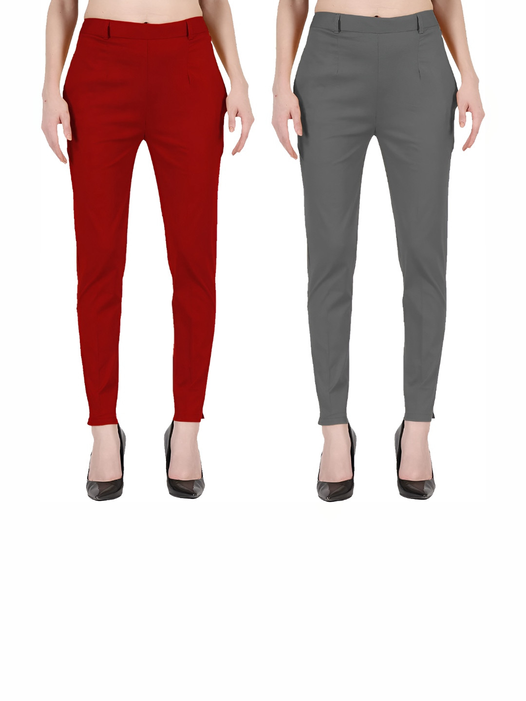 MIXFIT Women Pack Of 2 Slim Fit Formal Cigarette Trousers