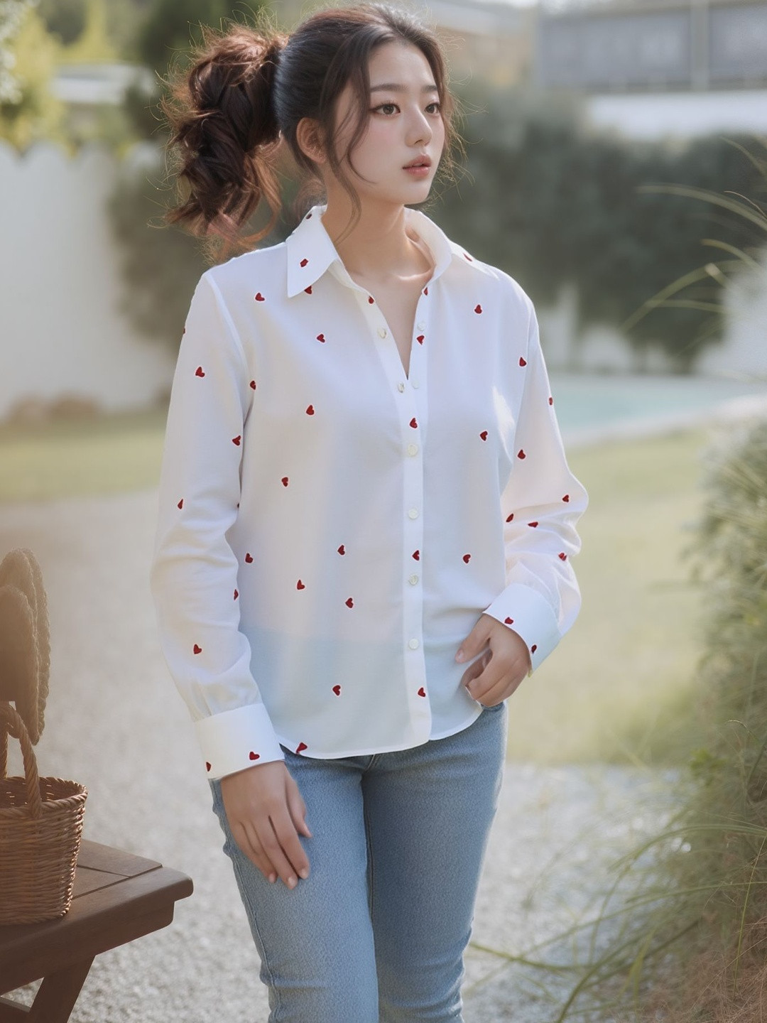 Tzelynn Women White & Red Heart Embroidered Long Sleeves Viscose Rayon Shirt