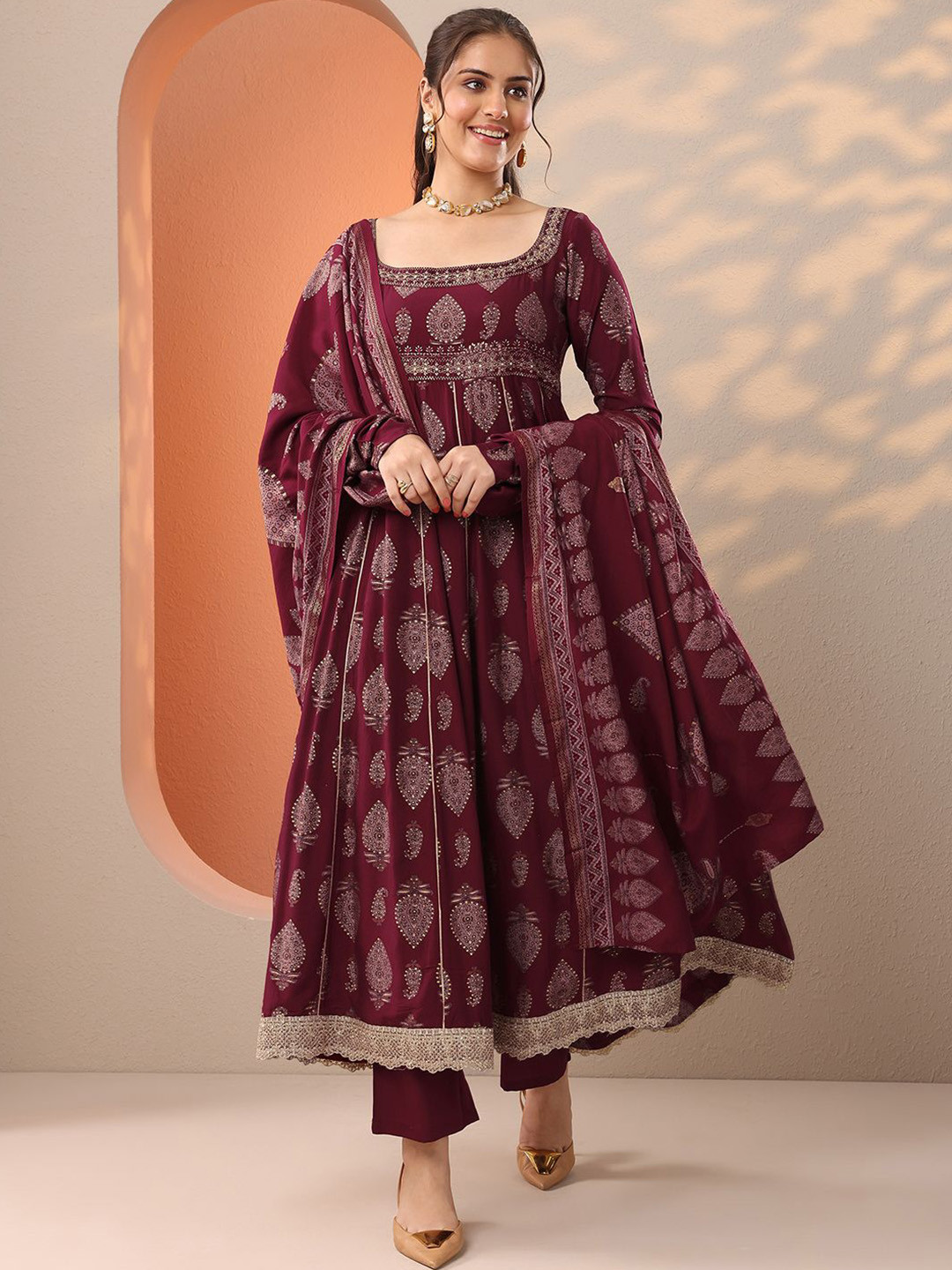 Libas Women Ethnic Motifs Printed Panelled Sequinned Kurta Set With Dupatta