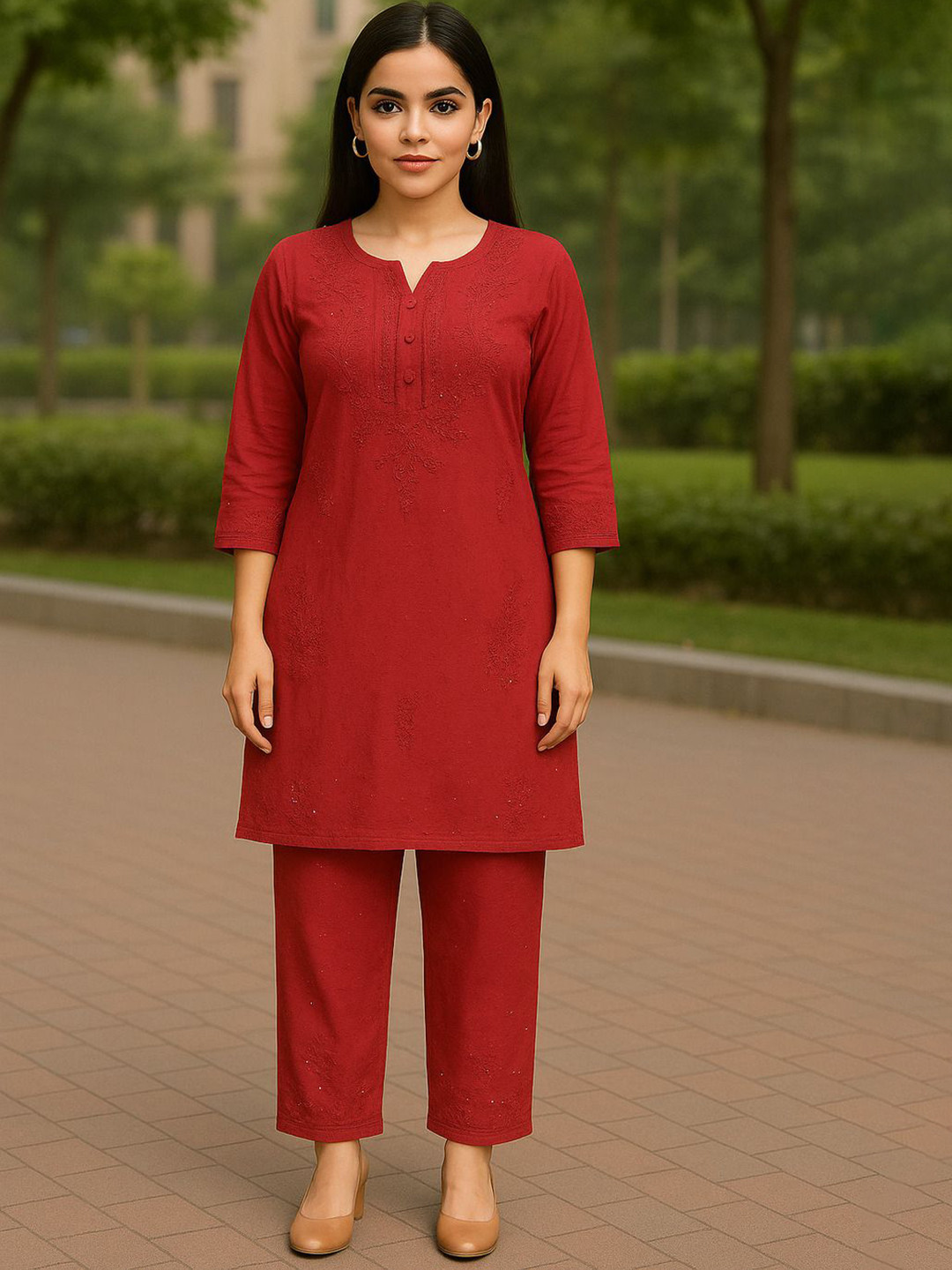NEE DESIGNSS Women Embroidered Pure Cotton Round Neck Top With Trousers Co-Ord