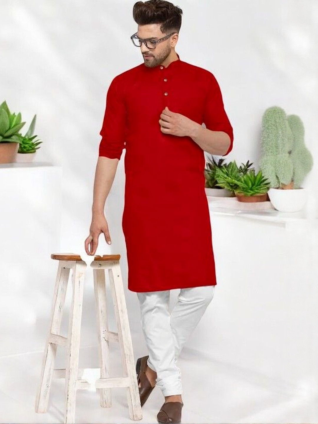 ANUJ FASHION Men Red Mandarin Collar Straight Cotton Kurta