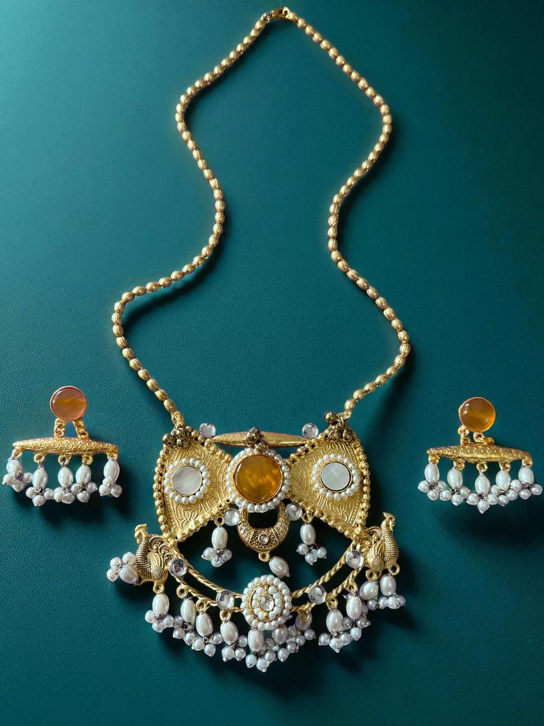 Rebekah Women Traditional Pearls Beaded Necklace With Earrings Jewellery Set