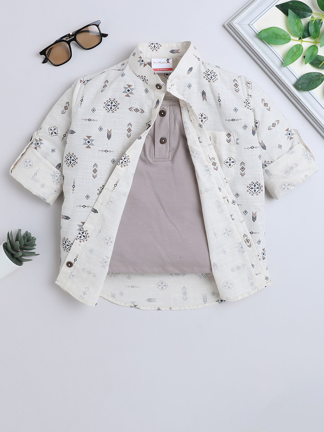 BAATCHEET Boys Geometric Printed Band Collar Cotton Casual Shirt