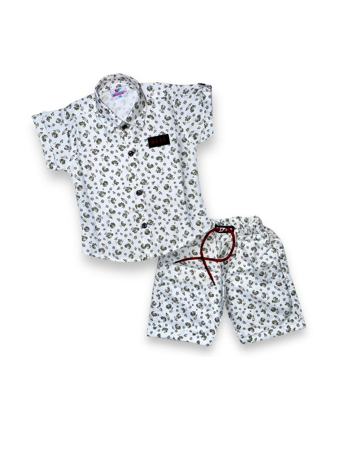 FLUEMART Boys Grey Floral Printed Half Sleeve Shirt Collar Causal Cotton Clothing Set
