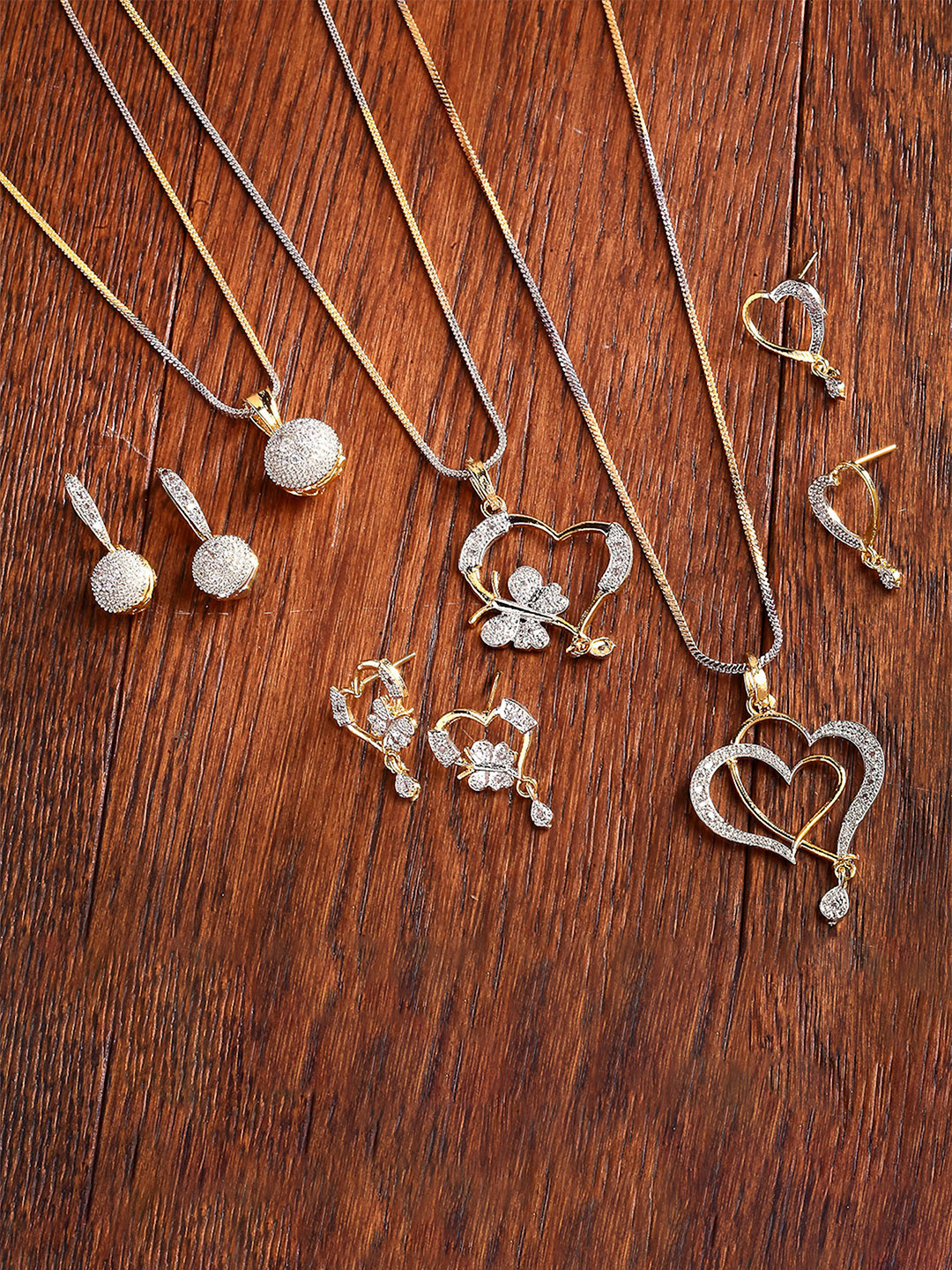 ZENEME Set Of 3 Gold Plated American Diamond Studded Pendant chain & Earrings Set