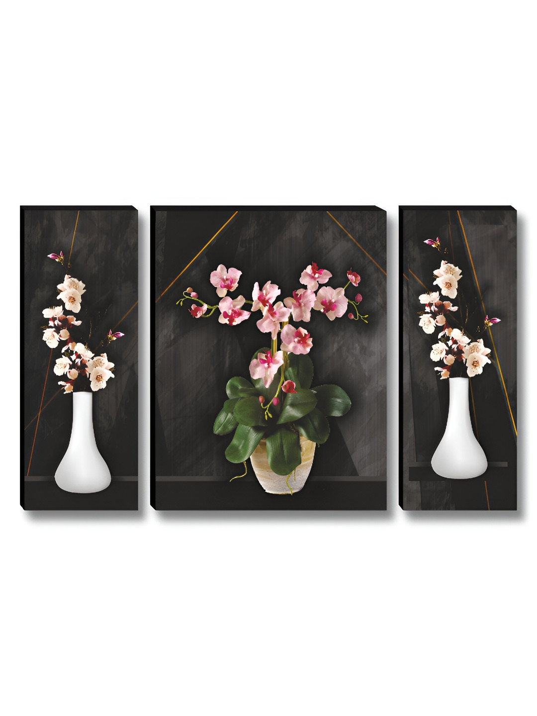 SAF Set Of 3 Black & White  Modern Orchid Vase Printed Wooden Wall Art