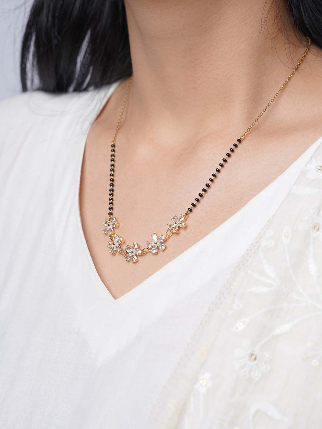SWASHAA Meher Gold-Plated Stainless Steel Flower Diamond Studded & Beaded Mangalsutra