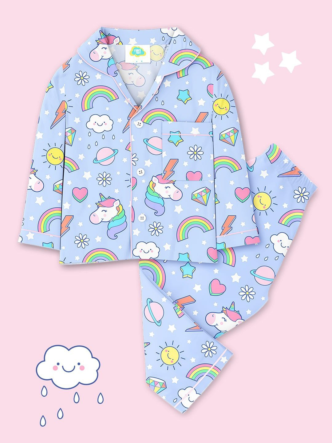 Fancy Fluff Girls Lapel Collar Printed Pure Cotton Night suit