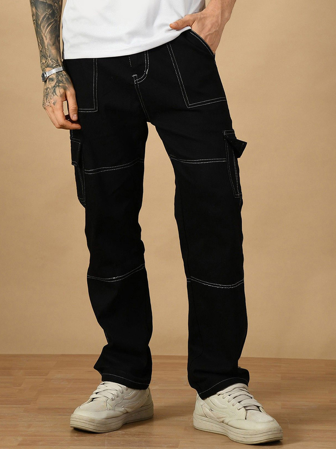 MaverIQ Men Classic Relaxed Fit Mid-Rise Embroidered Cargo Styles Stretchable Denim Jeans