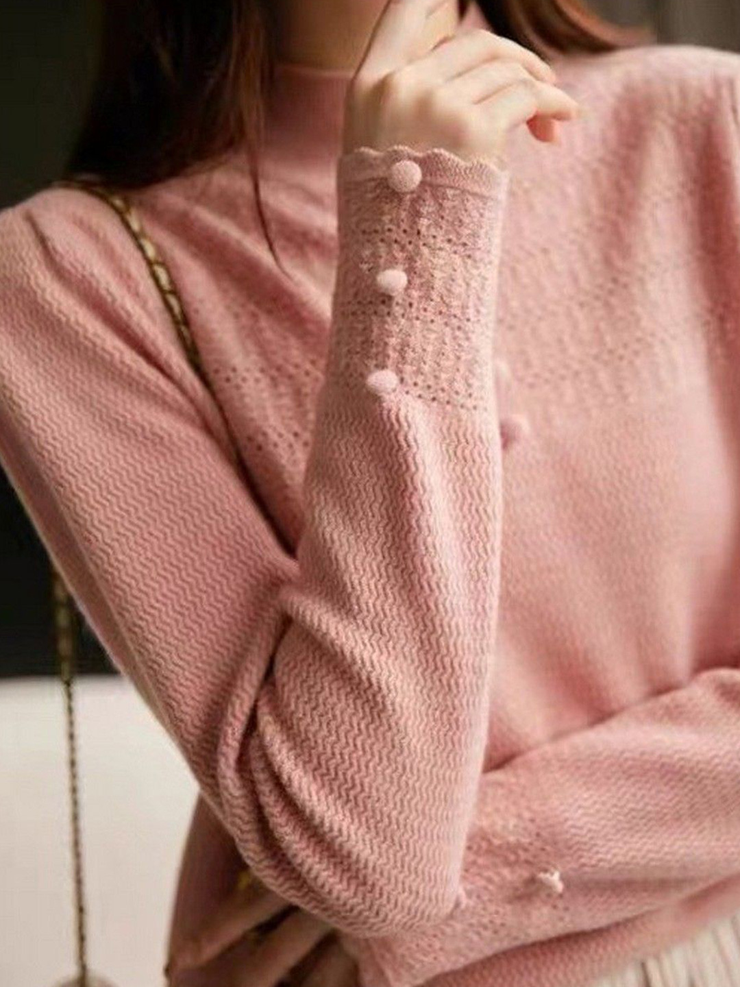StyleCast Women Mock Neck Sweater With Pom-Pom Buttons